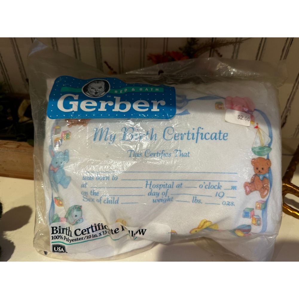 Gerber Birth Certificate Pillow Vintage Baby Keepsake Nursery Decor White 10x13